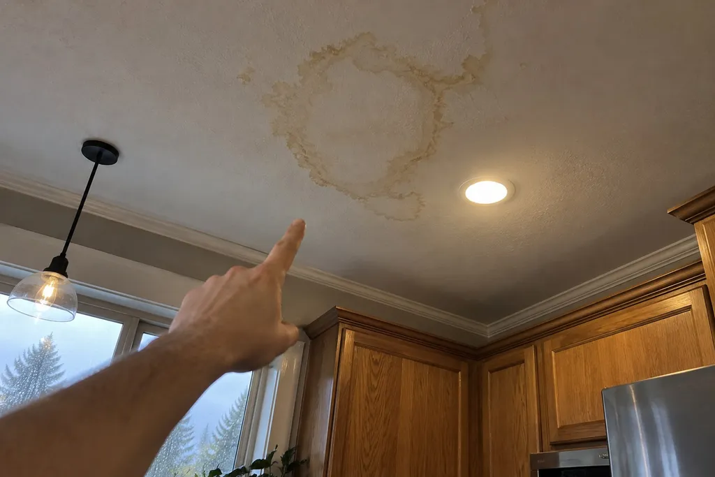 Homeowner's hand pointing up at a brown water stain on a Troutdale kitchen ceiling from a hidden leak