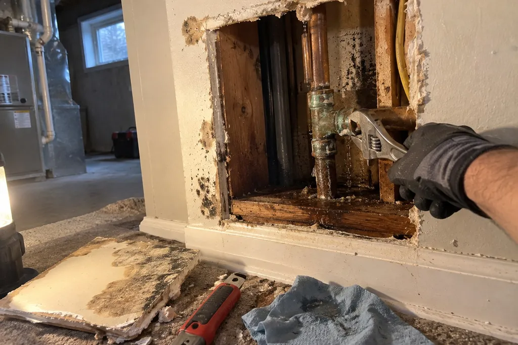 Corroded copper tee dripping inside a cut-open basement wall, a hidden leak in a Troutdale home