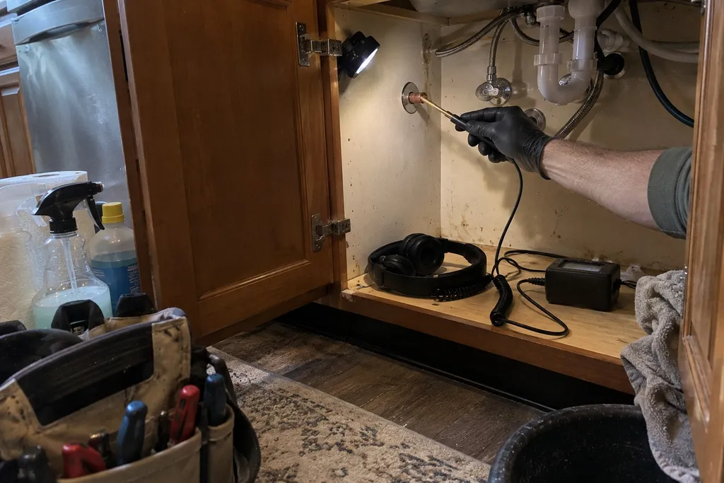 Gloved hand pressing an acoustic leak detection probe to copper pipe under a Troutdale kitchen sink