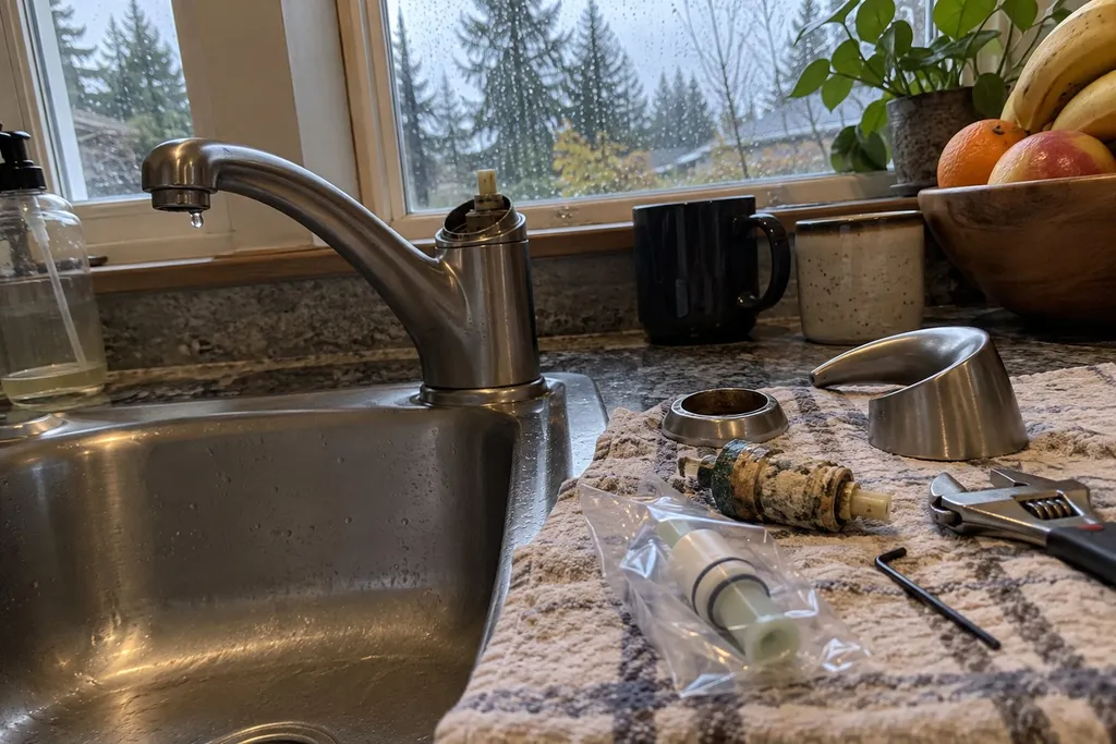Worn faucet cartridge pulled from a dripping kitchen faucet in Troutdale, a simple repair, not a hidden leak