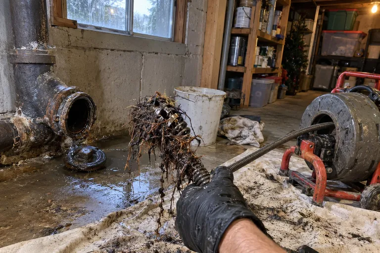 Drain cleaning cable with tree roots pulled from a sewer cleanout in a Troutdale basement