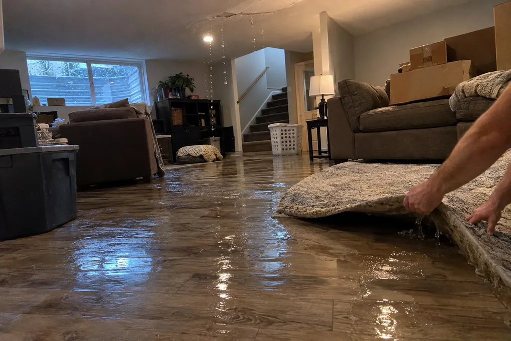 Homeowner lifting a soaked rug off a flooded basement floor right after a pipe burst in Troutdale
