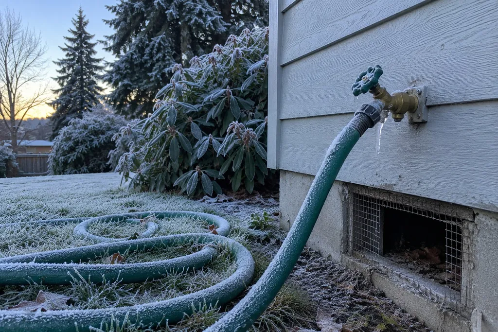 Frozen outdoor hose bib with a garden hose still attached above a crawl space vent on a Troutdale home