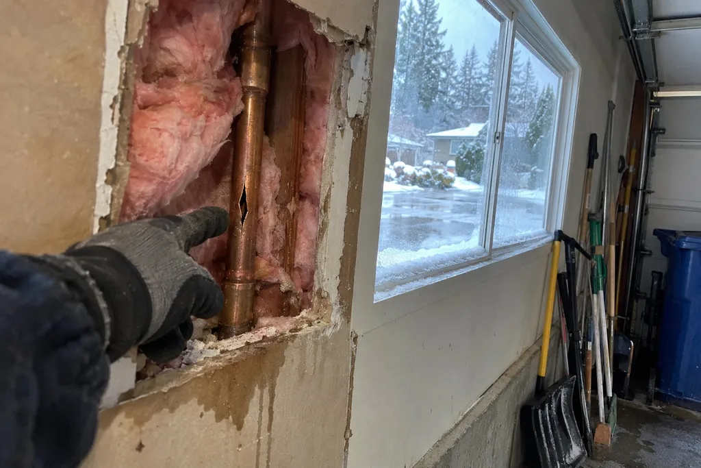 Frost-split copper water line in an exterior garage wall after a Columbia Gorge cold snap in Troutdale