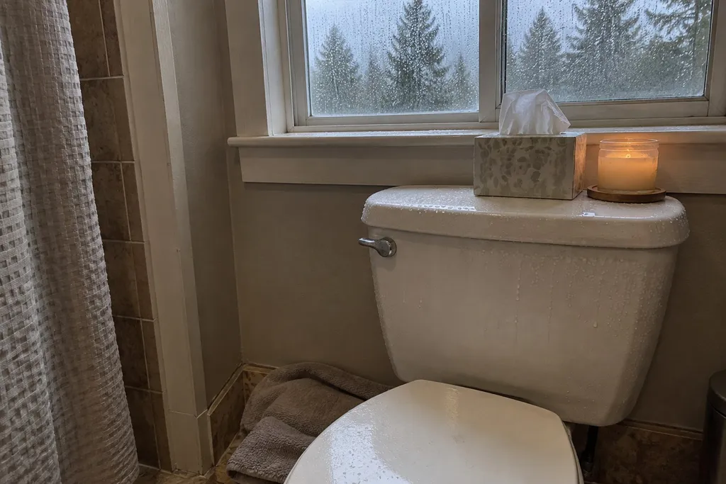 Sweating toilet tank with a towel at its base in a Troutdale bathroom, condensation, not a leak