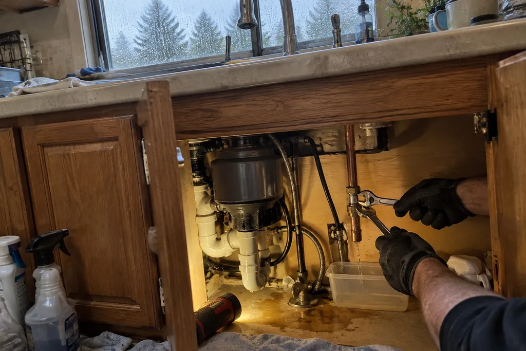Plumber's hands tightening a leaking copper fitting under a Troutdale kitchen sink, rain on the window