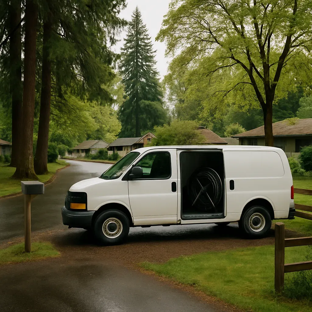 plumbing-van-salmon-creek-park-sandy-oregon-neighborhood-street Plumbing van parked near Salmon Creek Park homes in Sandy for sewer line service call