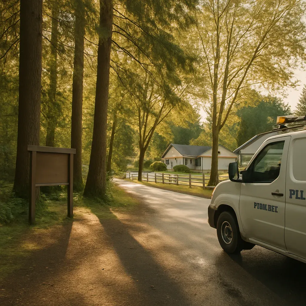 salmon-creek-park-entrance-sandy-oregon-plumbing-service-truck Plumbing truck driving past Salmon Creek Park entrance in Sandy Oregon neighborhood