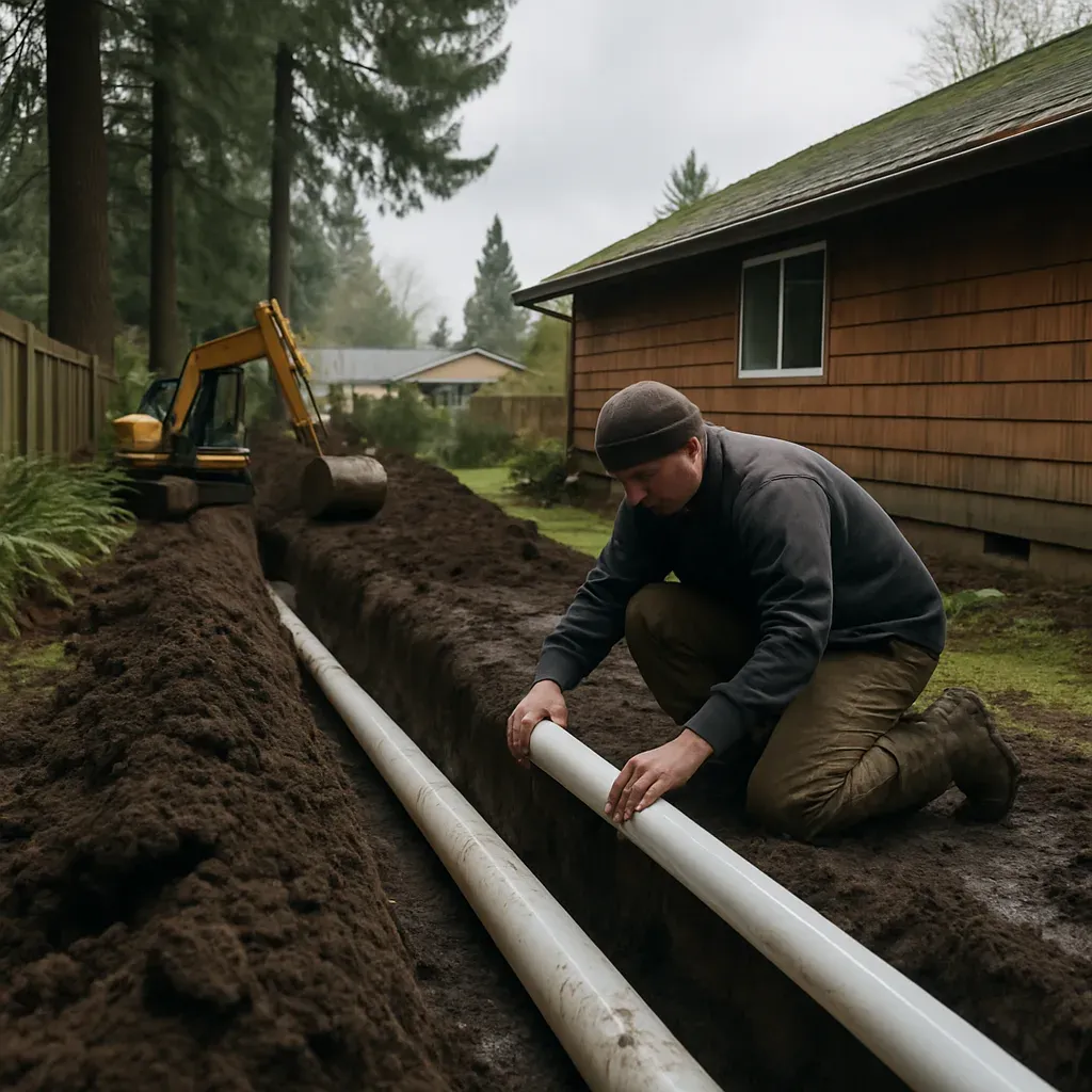 sewer-line-replacement-sandy-oregon-salmon-creek-park-ranch-home Plumber replacing sewer line in trench at Sandy Oregon ranch home near Salmon Creek Park