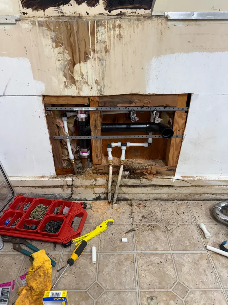 Washing machine valve box rough-in and water damage repair behind drywall in Gresham, Oregon, laundry plumbing by Bigfoot Plumbing