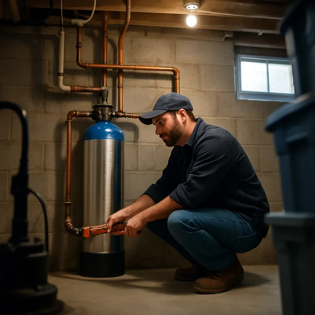 Plumber installing whole-house water filtration system on home main line in Sandy